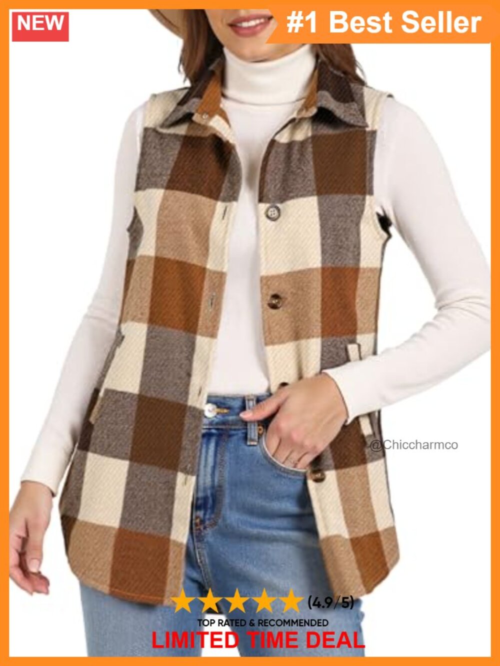 Brushed Flannel Plaid Vest Button Down Lapel Neck Sleeveless Shacket with